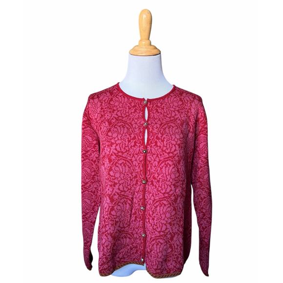OLEANA Silk Wool Red & Pink Floral Sweater Cardigan Women's Size Large - Picture 1 of 4